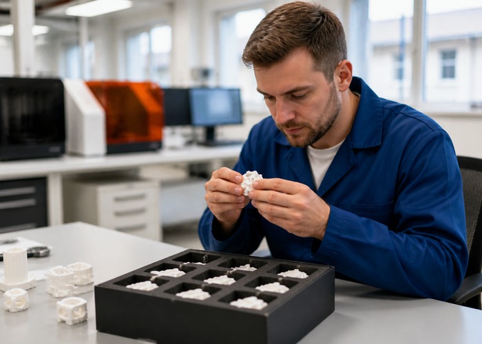 3D Printing final review scene in a modern manufacturing workshop