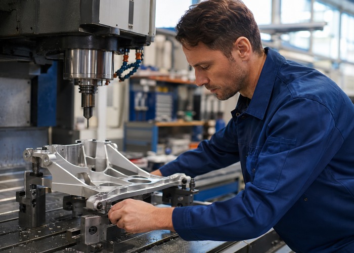 CNC Machining final review scene in a modern manufacturing workshop