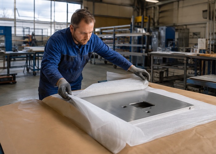 Sheet Metal Fabrication final review scene in a modern manufacturing workshop