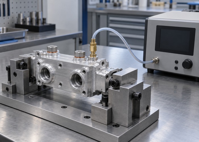 Machined aluminum component mounted in a fixture beside a test instrument