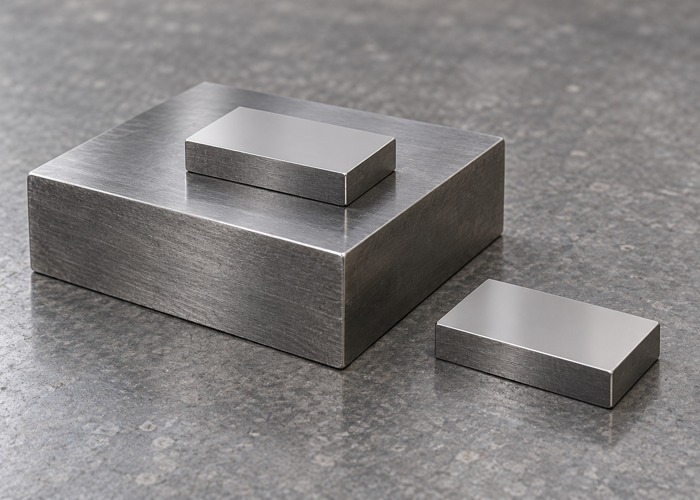 Flat steel specimen resting on a larger support block with another specimen beside it