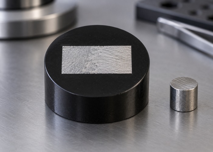Steel section mounted in a black resin puck beside a cylindrical offcut