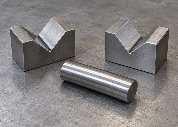 Two separate V blocks beside a cylindrical steel rod