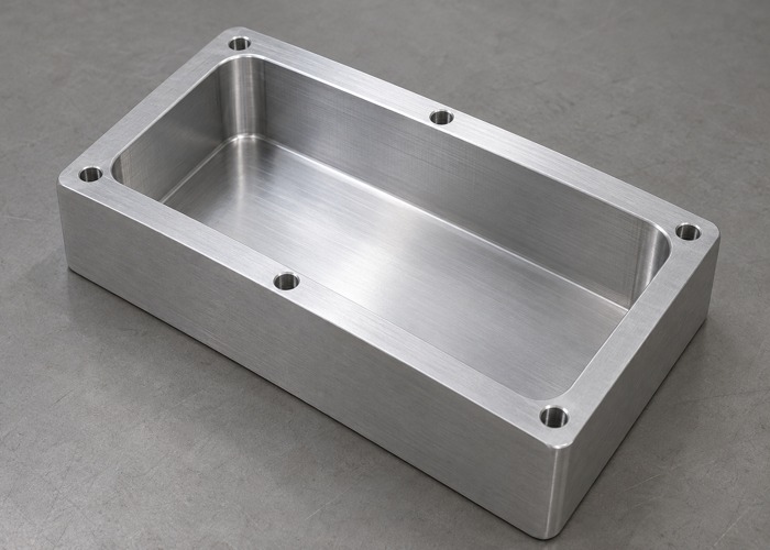 Rectangular machined housing with an open pocket and rounded interior corners