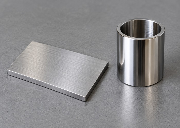 Flat brushed metal plate beside a polished cylindrical sleeve