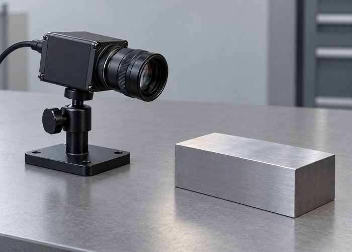 Industrial camera on a stand beside an unmarked metal specimen
