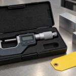 Digital micrometer in an open case beside metal blocks and a blank tag