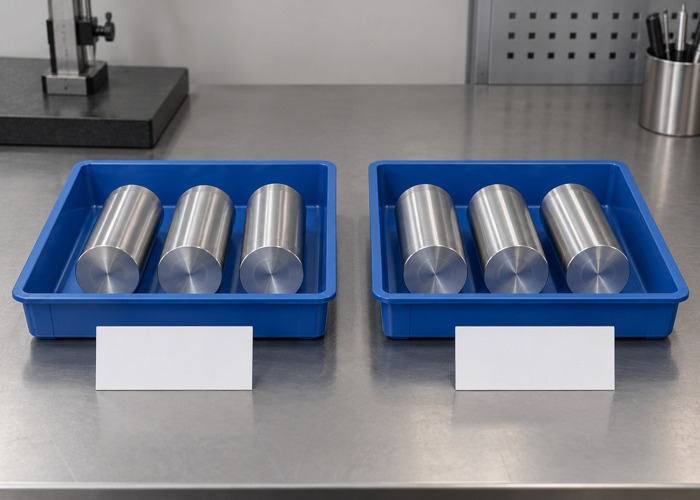 Machined cylinders separated into two trays with blank identification cards