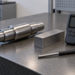 Steel components beside a handheld meter and probe