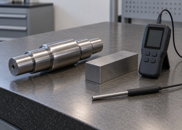 Steel components beside a handheld meter and probe