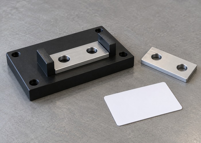 Two-hole aluminum plate seated between fixture stops beside a separate plate
