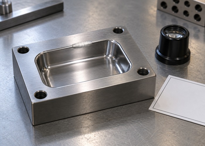 Mold cavity insert with a localized repair patch beside an inspection loupe