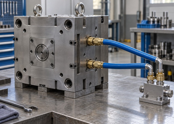 Steel injection mold connected to blue cooling hoses and a compact manifold
