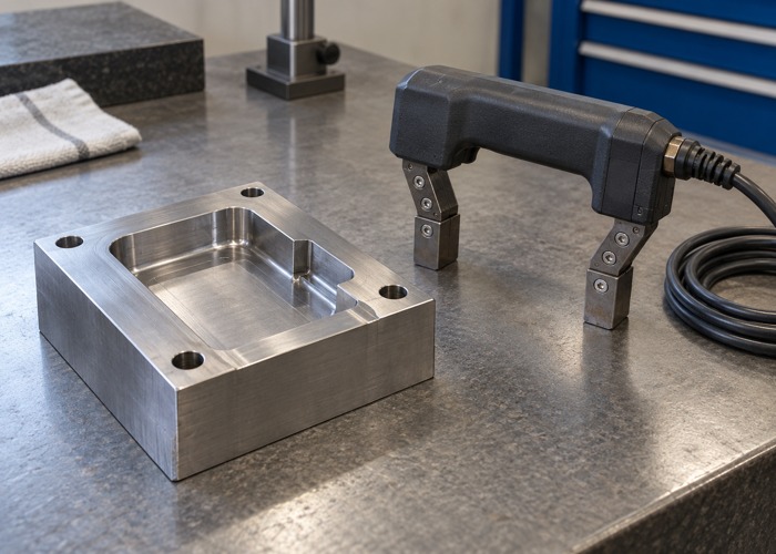 Steel mold insert beside a portable magnetic inspection yoke on a bench