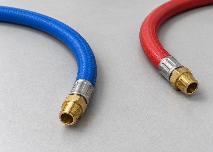 Disconnected blue and red hoses with crimped threaded fittings