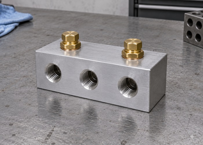 Aluminum manifold block with open threaded ports and two capped fittings