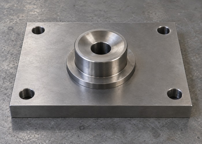 Steel bushing positioned on a rectangular tooling plate