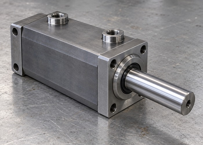 Compact metal hydraulic cylinder with an extended polished rod