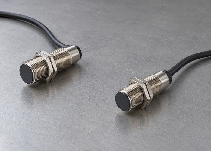 Two threaded cylindrical proximity sensors with black cables