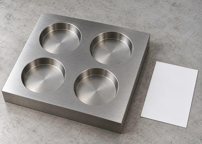 Steel plate with four circular pockets beside a blank card