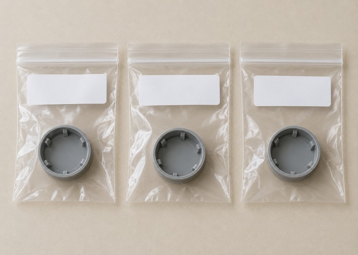 Individual gray plastic caps in separate clear sample bags