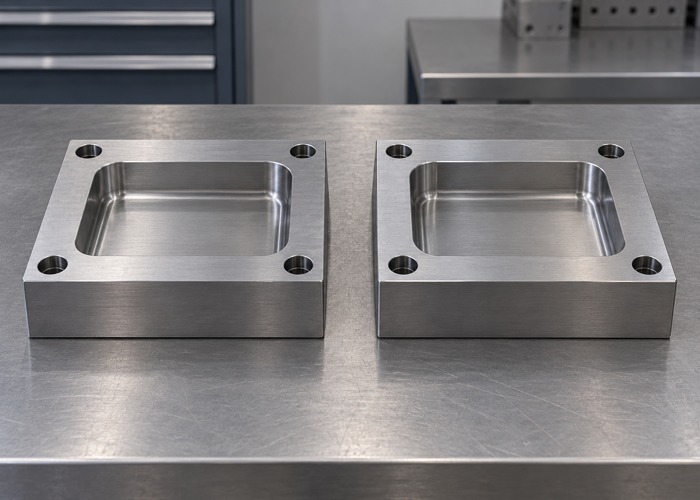 Two separate steel inserts with recessed rectangular cavities