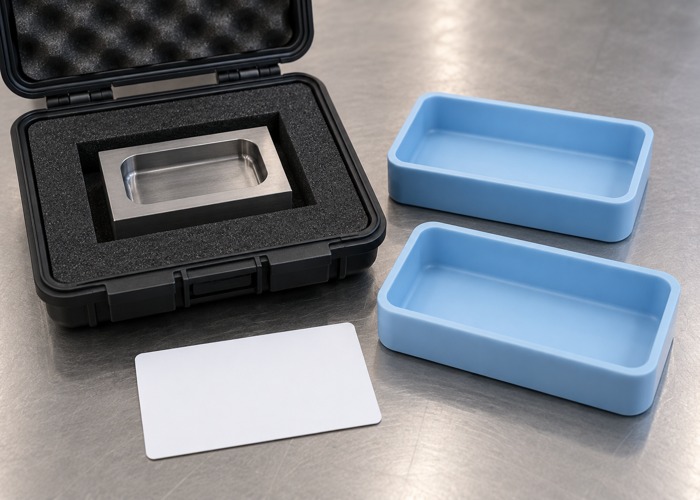 Tooling insert in a storage case beside blue plastic sample trays