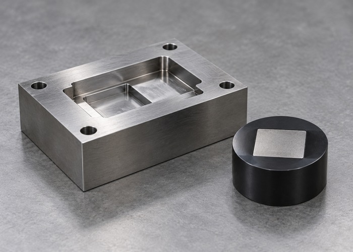 Machined steel tooling block beside a black mount holding a steel specimen