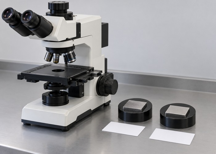 Laboratory microscope beside steel specimens on round holders and blank cards