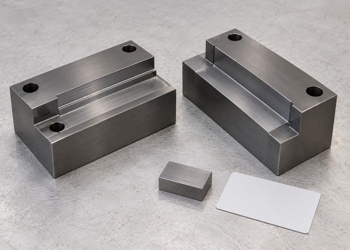 Two stepped steel tooling blocks beside a small steel coupon and blank card