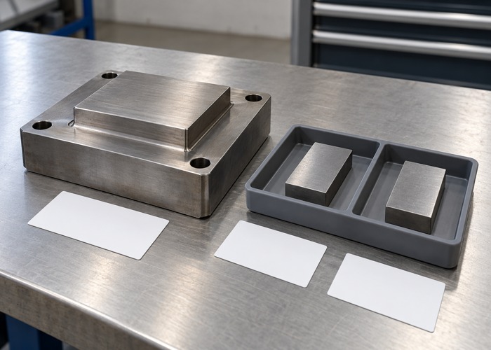 Steel insert beside two separate coupons in a divided tray with blank cards