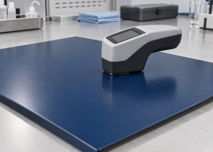 Glossmeter resting on a flat blue powder-coated sheet metal panel