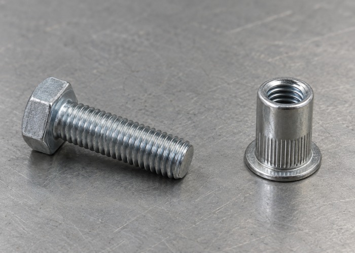 A threaded steel bolt beside a separate flanged rivet nut
