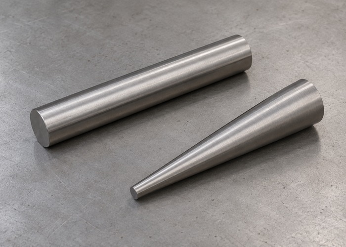 Cylindrical and tapered steel rods on a workbench