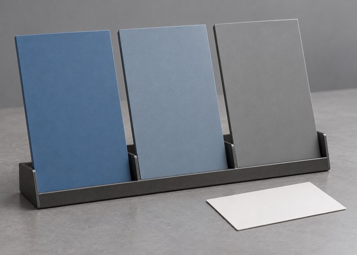 Blue and gray coated metal swatches in a rack