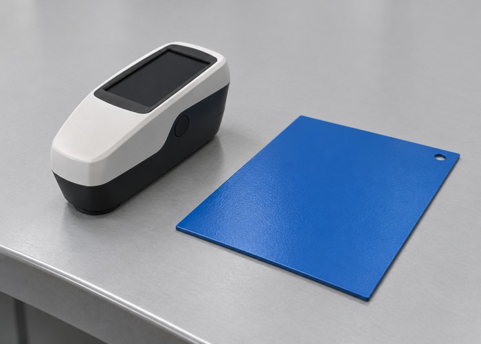 Color measurement instrument beside a blue coated panel