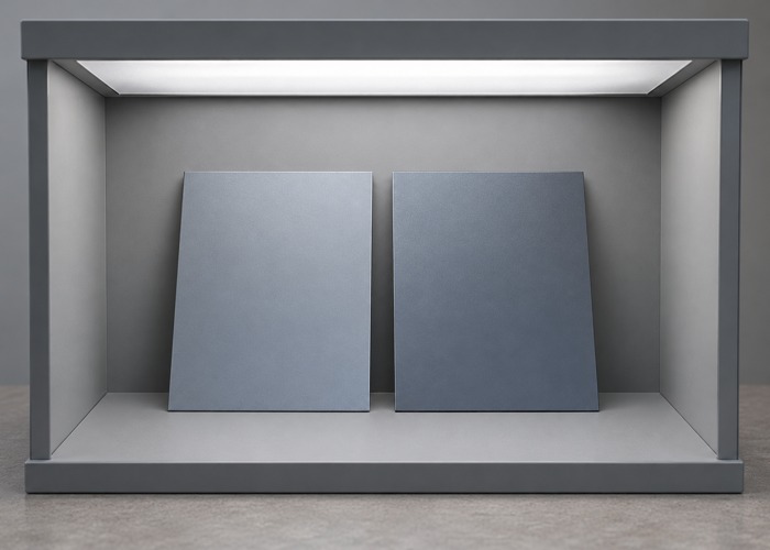 Two coated panels inside a neutral viewing booth