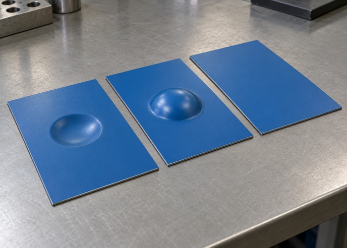 Blue coated sheet coupons with flat and deformed surfaces