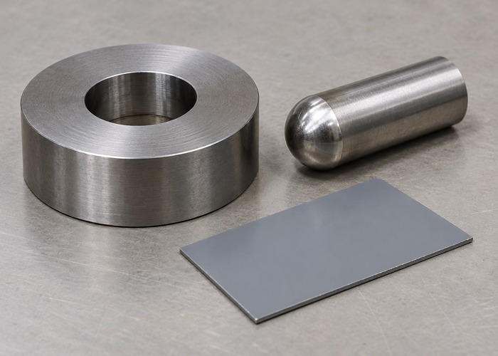 Separate steel support ring and rounded punch beside a coated coupon