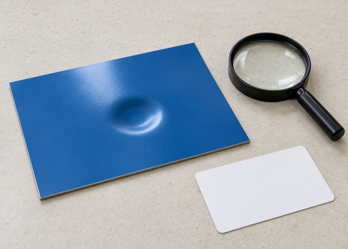Indented blue coated coupon beside a magnifier and blank card