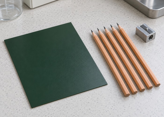 Green coated metal coupon beside wooden pencils and a sharpener