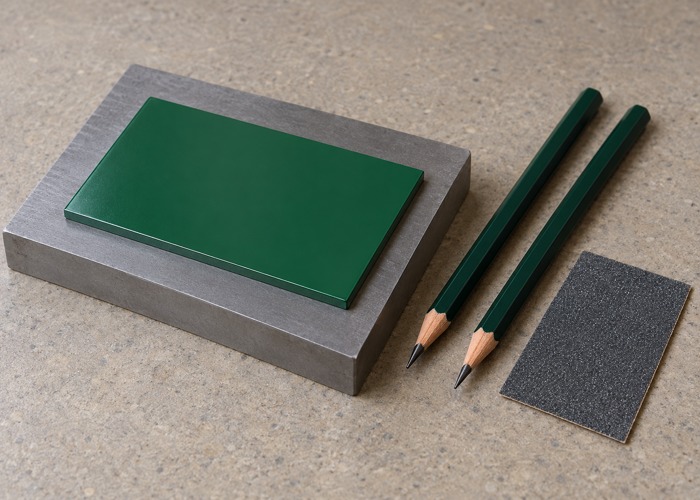 Green coated coupon on a support plate beside pencils and abrasive paper