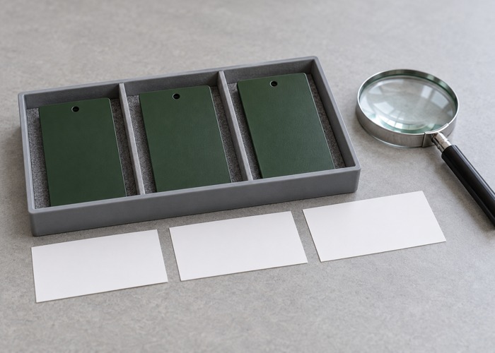 Three green coated coupons in a divided tray beside blank cards and a magnifier